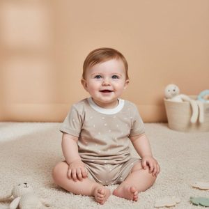 Baby cotton outfit set in brown with tiny floral prints – short sleeve t-shirt and matching shorts summer babywear