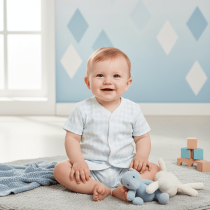 Smiling baby in a blue diamond-check romper sitting on a soft rug with plush toys and wooden blocks in a cozy nursery