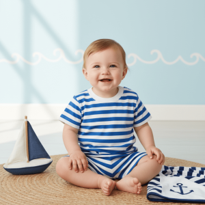 Baby boy wearing a nautical blue and white striped romper sitting on a round jute rug with a toy sailboat and anchor blanket in a seaside themed nursery