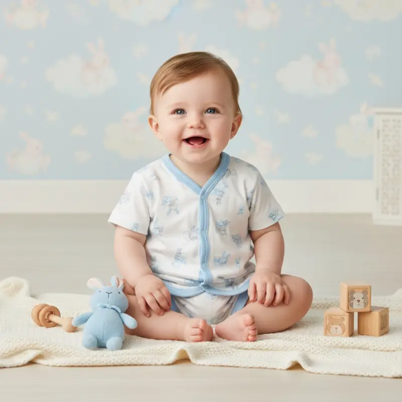 Baby Short Sleeve Set, 6-12 Months, White Blue Bunny Print, Cotton