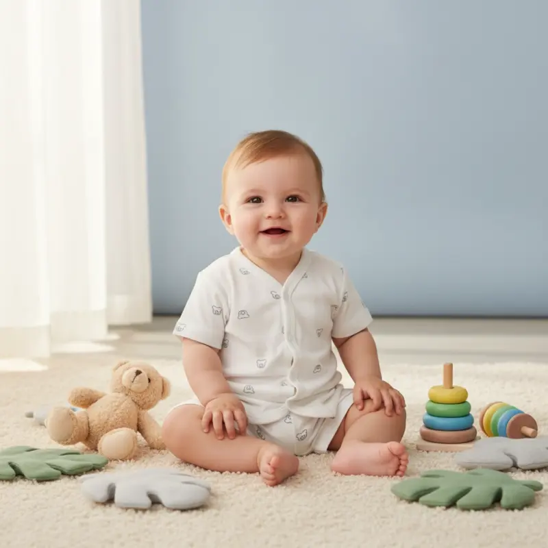 Baby Short Sleeve Set, 6-12 Months, White Bear Print, Cotton Romper
