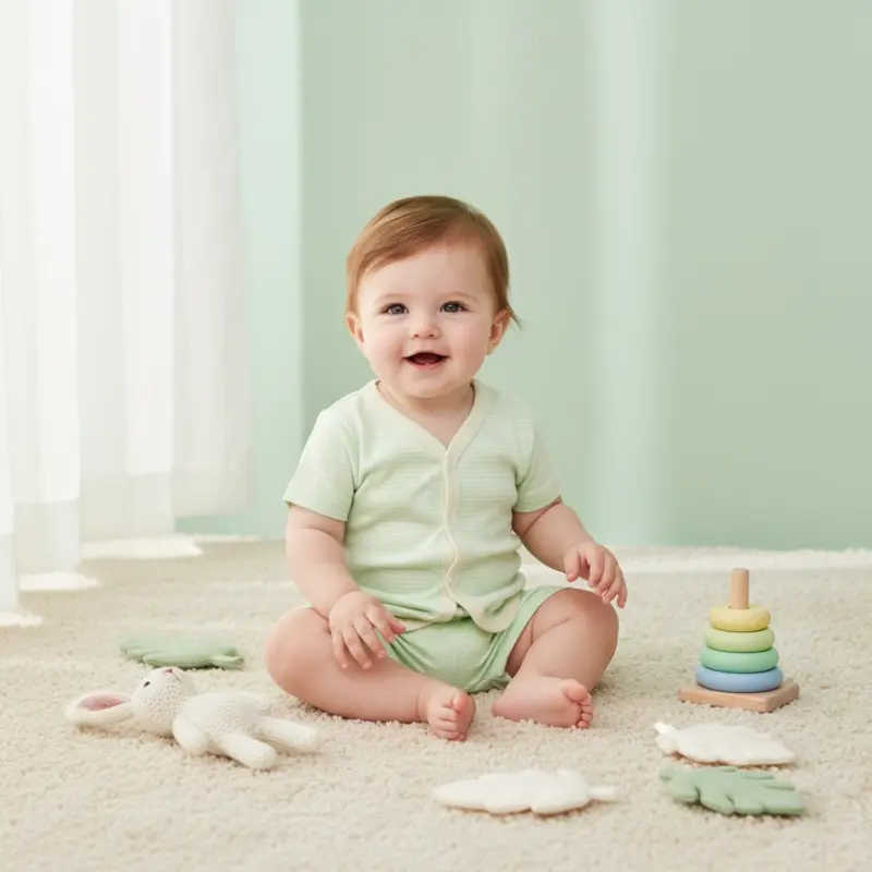 Baby Short Sleeve Set, 6-12 Months, Light Green Stripe, Cotton Romper