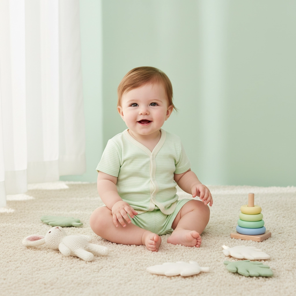 Baby Short Sleeve Set, 6-12 Months, Light Green Stripe, Cotton Romper