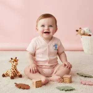 Baby Half Sleeve Romper Set, 6-12 Months, Pink, Giraffe Embroidery, Cotton