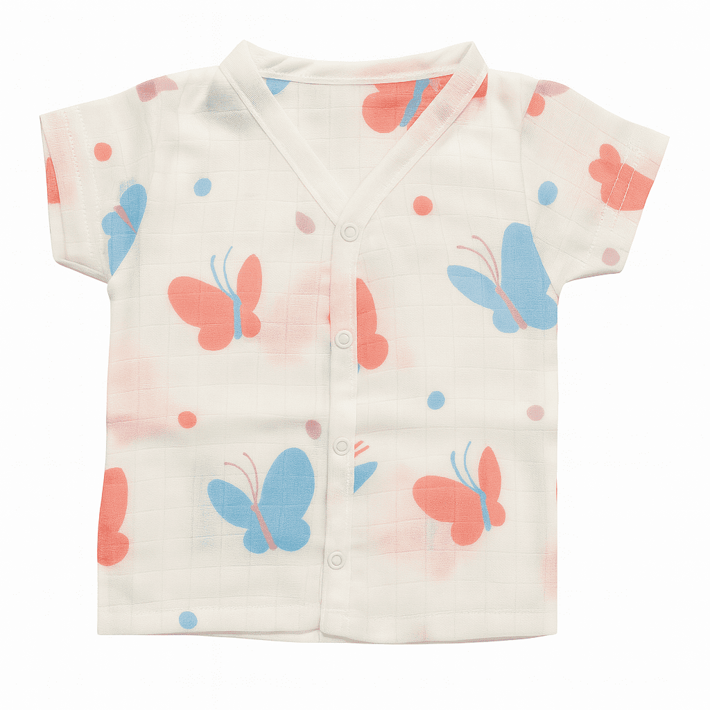 Baby cotton shirt with colorful butterfly print in blue and red – short sleeve summer wear with button closure
