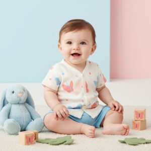 Smiling baby in butterfly print cotton shirt and blue shorts with plush bunny and butterfly toy blocks