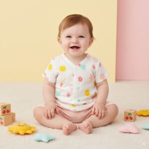 Smiling baby in cotton rainbow and sunshine print shirt with pink shorts, surrounded by plush sun and star toys
