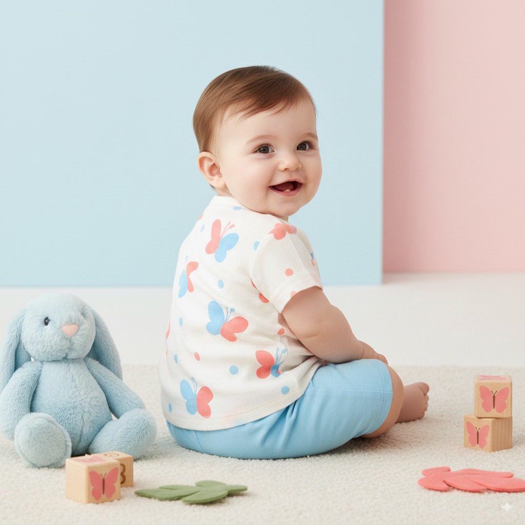 Baby sitting in butterfly print cotton shirt with blue shorts, showing back view of outfit