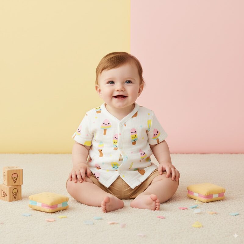Smiling baby in cotton ice cream print shirt and shorts, sitting with plush ice cream toys and wooden blocks