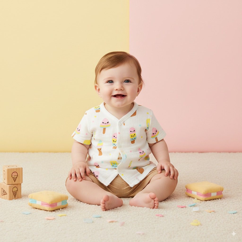 Smiling baby in cotton ice cream print shirt and shorts, sitting with plush ice cream toys and wooden blocks