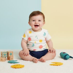 Smiling baby in white cotton outfit with colorful space print planets, stars, and moons, sitting on carpet with toy rocket