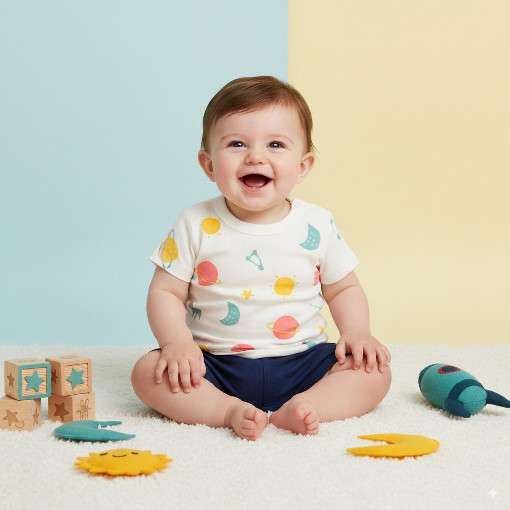 Smiling baby in white cotton outfit with colorful space print planets, stars, and moons, sitting on carpet with toy rocket