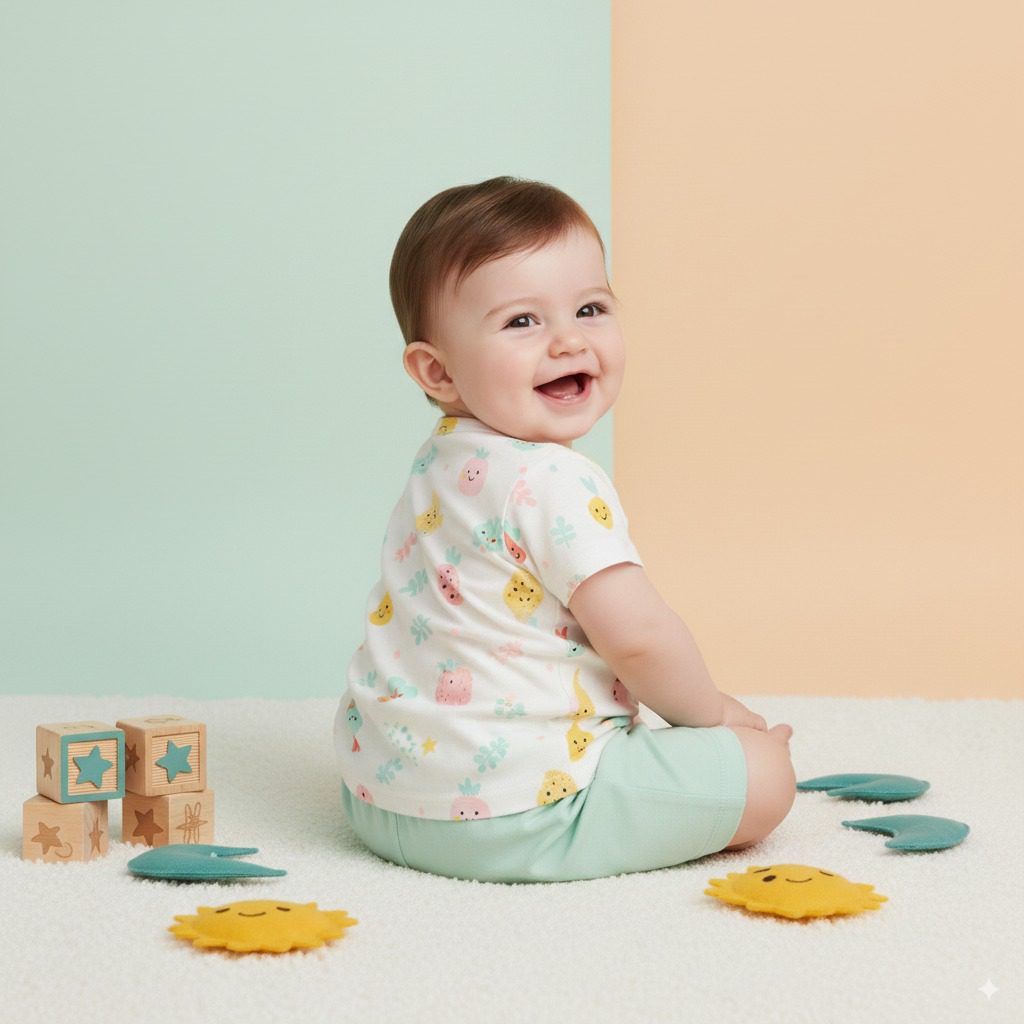Smiling baby in white cotton outfit with colorful bee and flower print, sitting on carpet with felt flowers