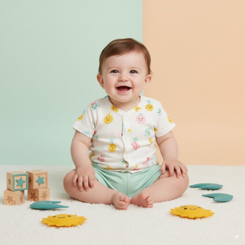 Happy baby sitting in white cotton outfit with cute onion, broccoli, and fruit print design