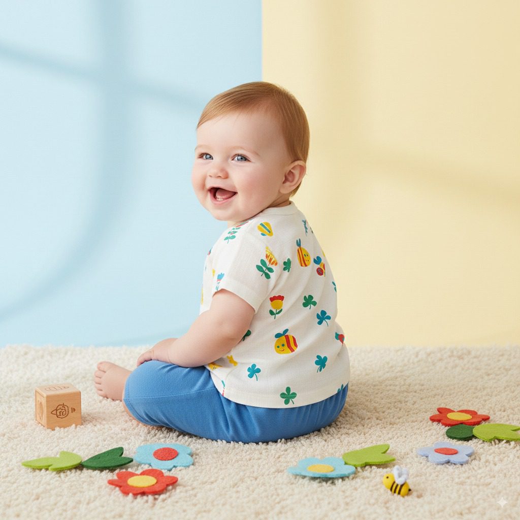 Smiling baby sitting in white cotton outfit with colorful bee and flower print, showing back design