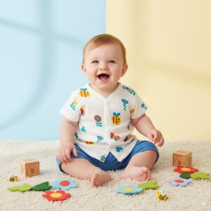 Smiling baby in white cotton baby outfit with colorful bee and flower print, sitting on carpet with toys