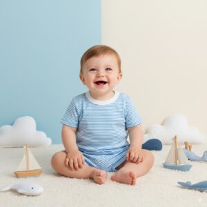 Baby boy summer outfit set with blue striped cotton t-shirt and matching shorts – lightweight breathable babywear