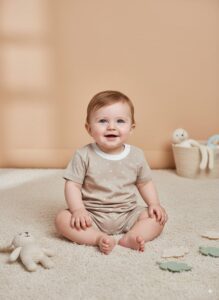 Baby cotton outfit set in brown with tiny floral prints – short sleeve t-shirt and matching shorts summer babywear