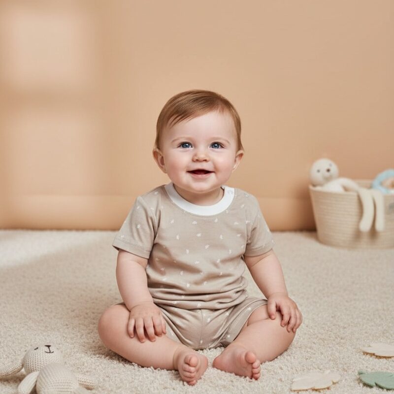 Baby cotton outfit set in brown with tiny floral prints – short sleeve t-shirt and matching shorts summer babywear