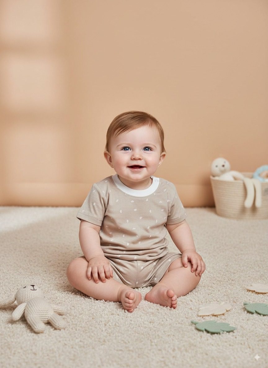 Baby cotton outfit set in brown with tiny floral prints – short sleeve t-shirt and matching shorts summer babywear