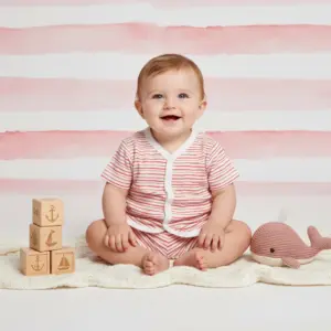 Baby Short Sleeve Romper Set, 6-12 Months, Red White Stripe, Cotton