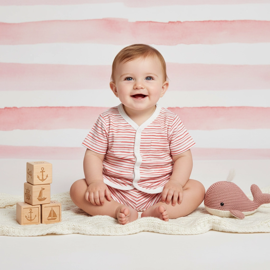 Baby Short Sleeve Romper Set, 6-12 Months, Red White Stripe, Cotton