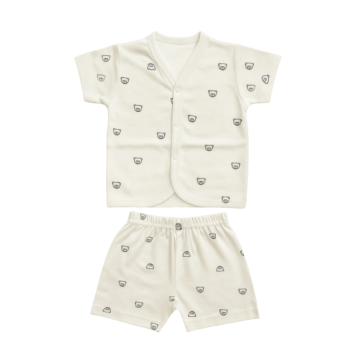 Baby boy summer outfit set with cream cotton shirt and shorts featuring cute black bear face print