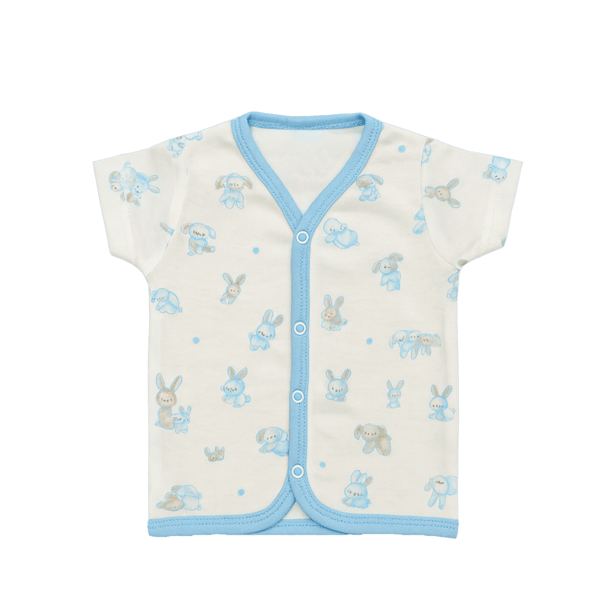 Cute baby boy summer outfit set with short-sleeve button shirt and elastic shorts in white with blue bunny print
