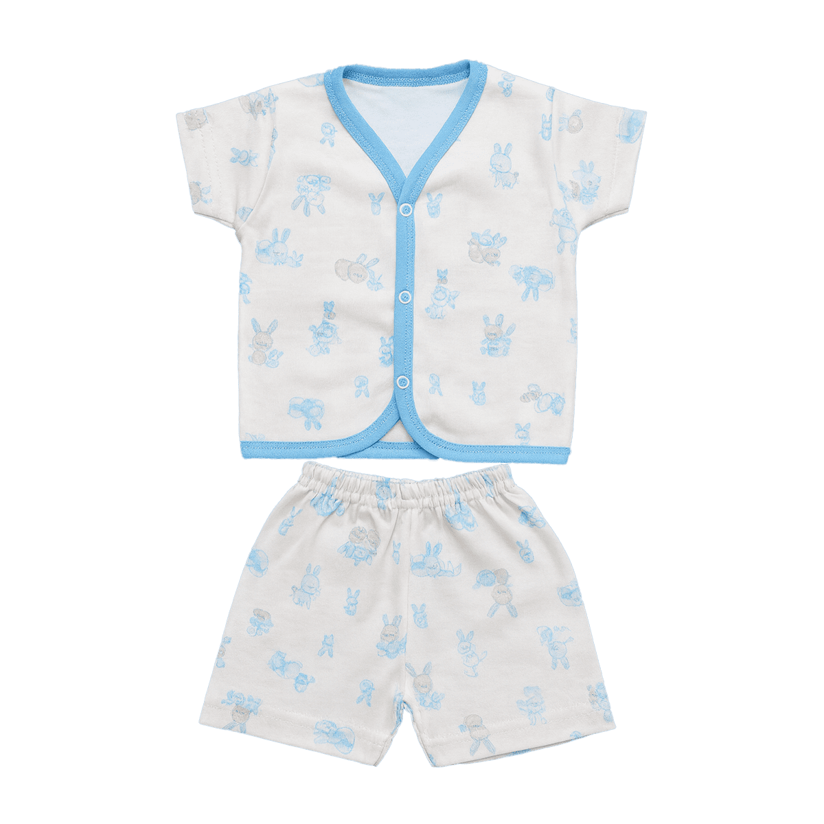 Baby boy summer outfit set with short sleeve cotton shirt and matching shorts in white with blue bunny print