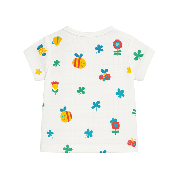 Back view of baby cotton shirt with colorful bee, butterfly, and flower prints – short sleeve lightweight summer wear