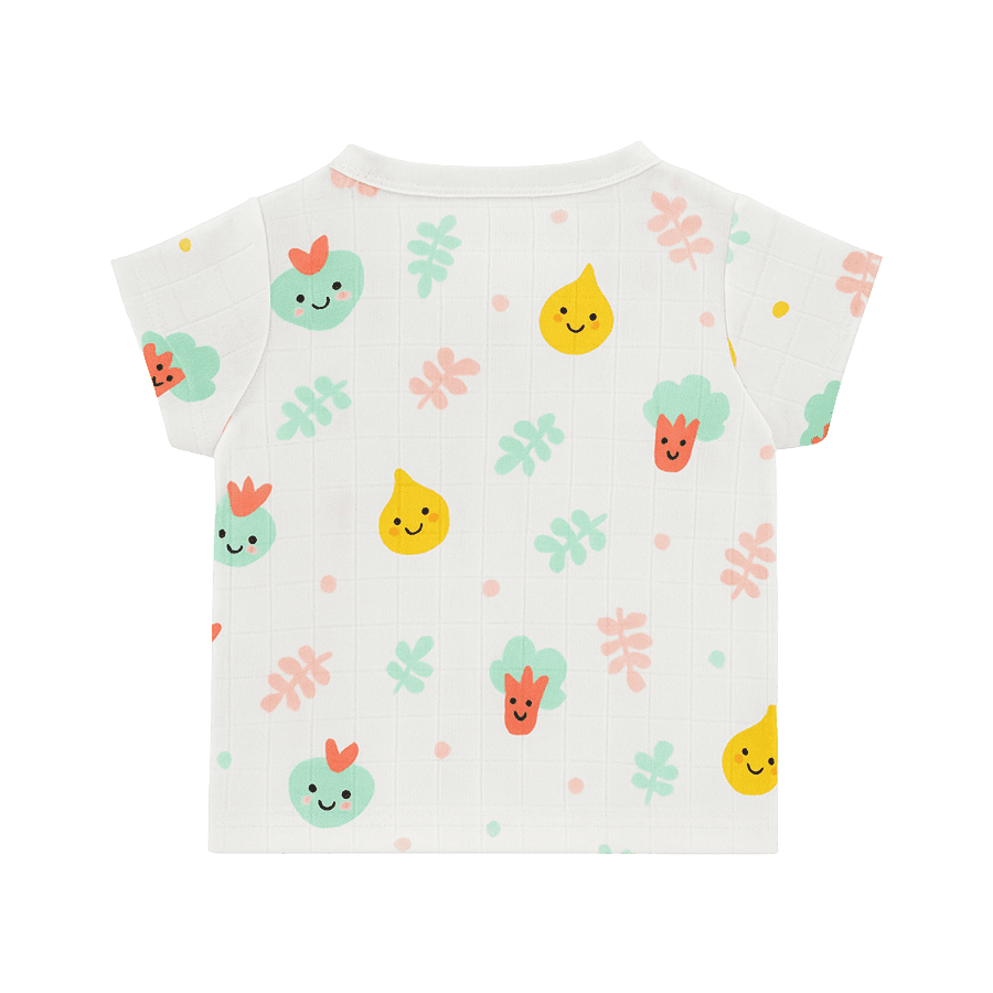 Back view of baby cotton shirt with cute vegetable and fruit prints – smiling onion, broccoli, and pear design
