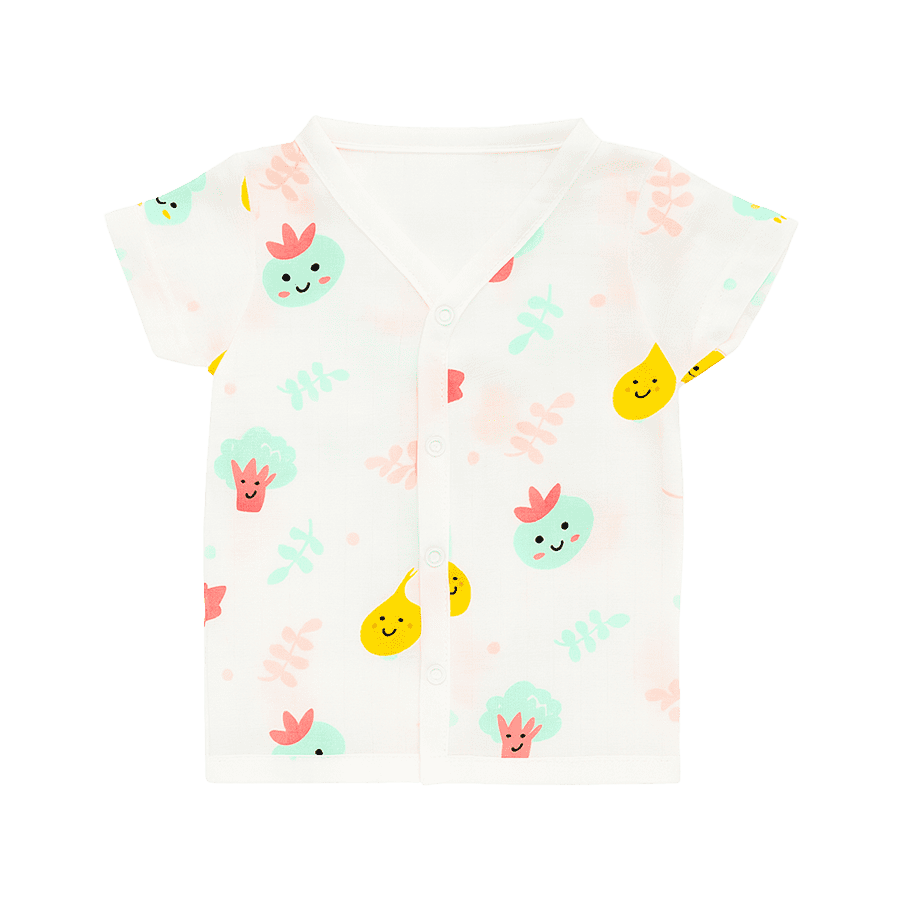 Baby cotton shirt with cute vegetable and fruit prints – smiling onion, broccoli, and pear design, short sleeve summer wear