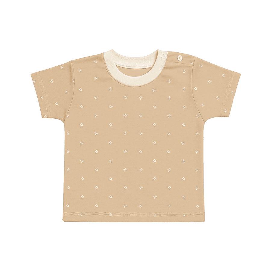 Baby boy cotton t-shirt in brown with delicate floral prints, displayed with soft glowing background – short sleeve lightweight summer wear
