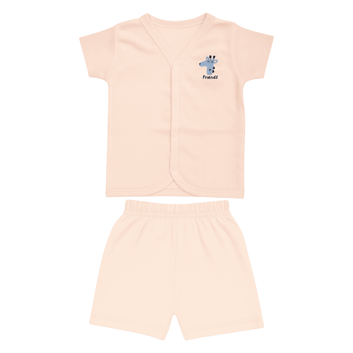 Smiling baby wearing pink cotton baby outfit with blue giraffe print sitting on soft carpet with toys