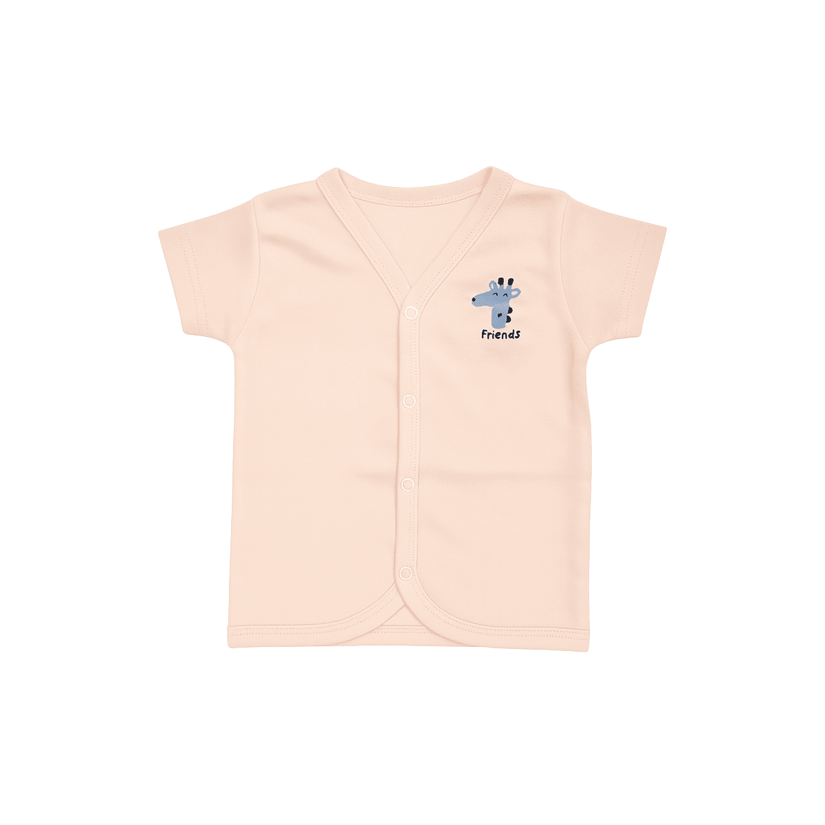 Baby boy summer outfit set with pink cotton shirt featuring blue giraffe print and matching shorts