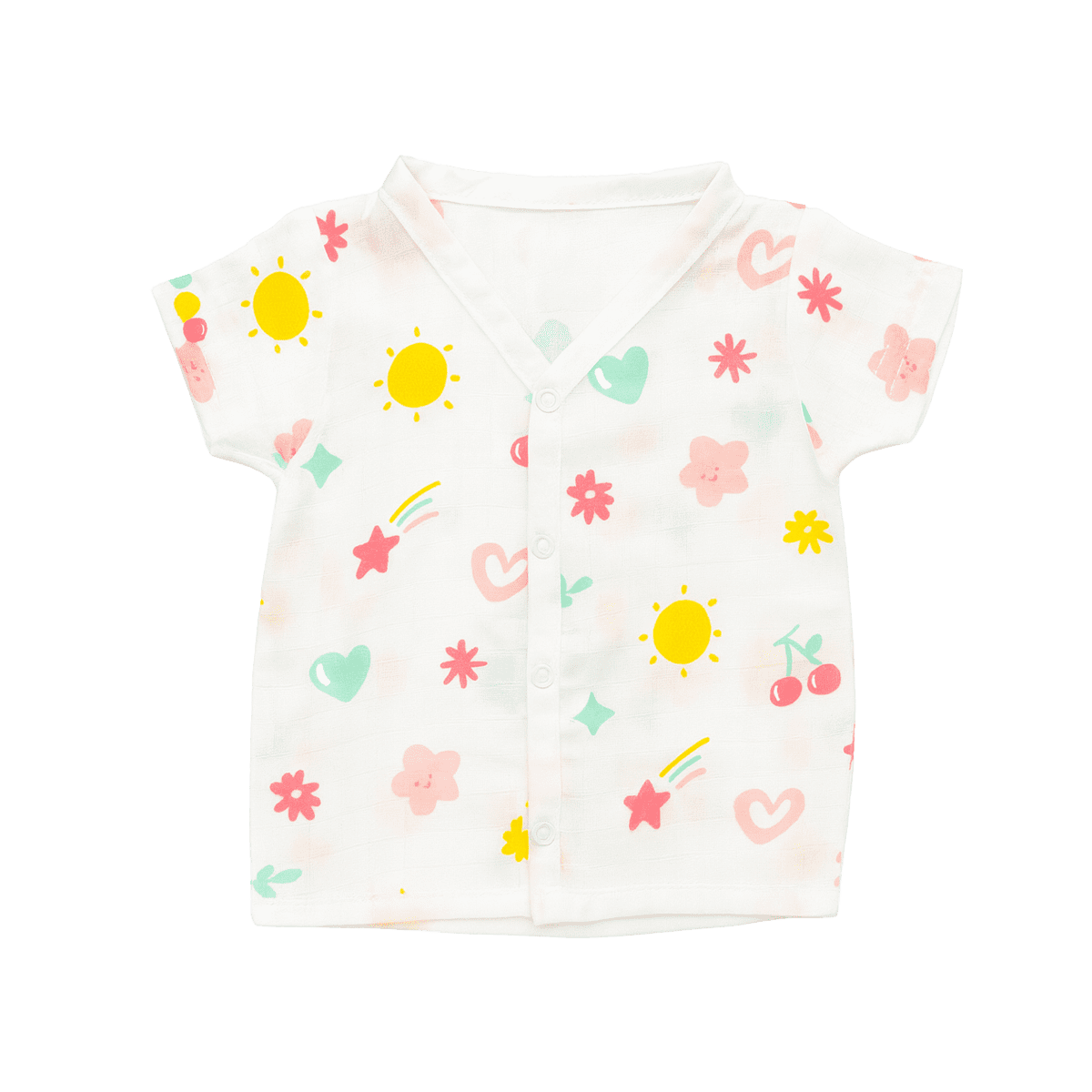 Baby cotton shirt with colorful summer prints including sun, flowers, hearts, cherries, and stars – short sleeve lightweight babywear