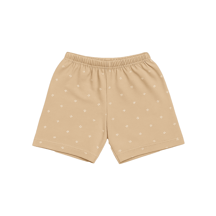Baby cotton shorts in brown with tiny white floral prints – lightweight breathable summer babywear with elastic waistband