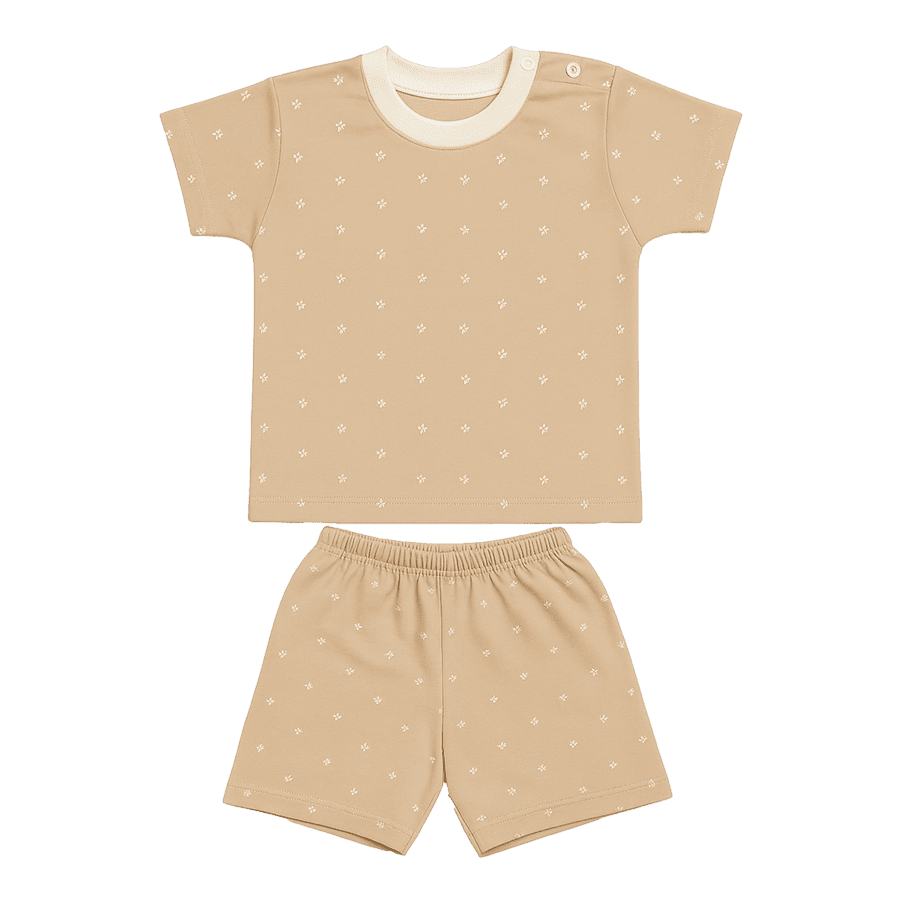 Baby cotton outfit set in brown with tiny floral prints – short sleeve t-shirt and matching shorts summer babywear