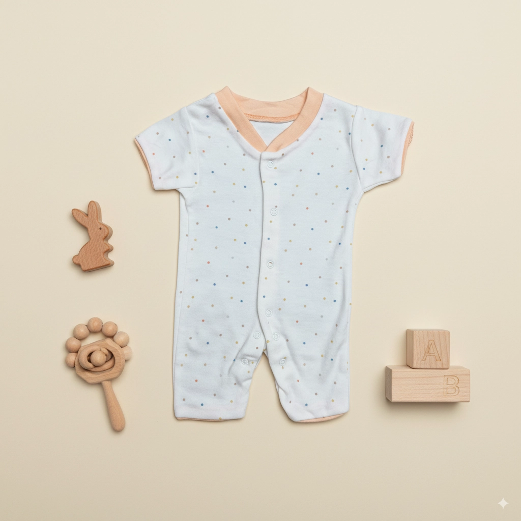 Newborn Half Sleeve Romper, 0-3 Months, Polka Dot Print, Cotton