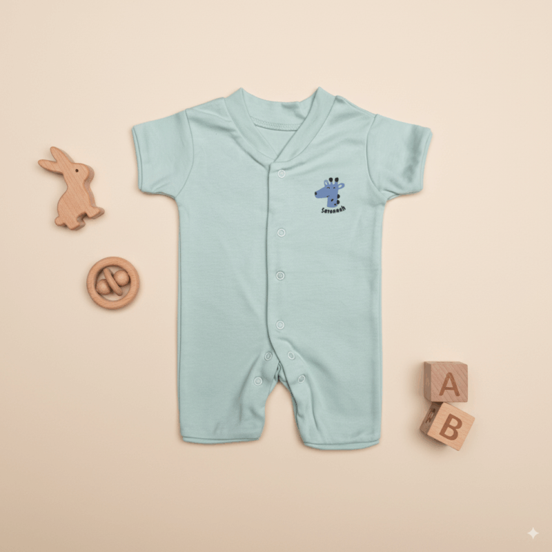 Newborn Half Sleeve Romper, 0-3 Months, Mint Green, Giraffe Print, Cotton
