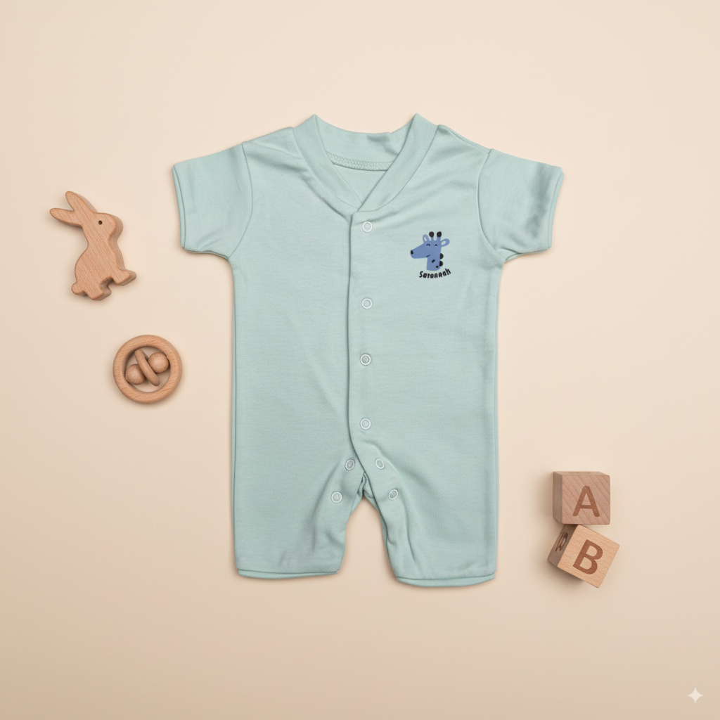 Newborn Half Sleeve Romper, 0-3 Months, Mint Green, Giraffe Print, Cotton