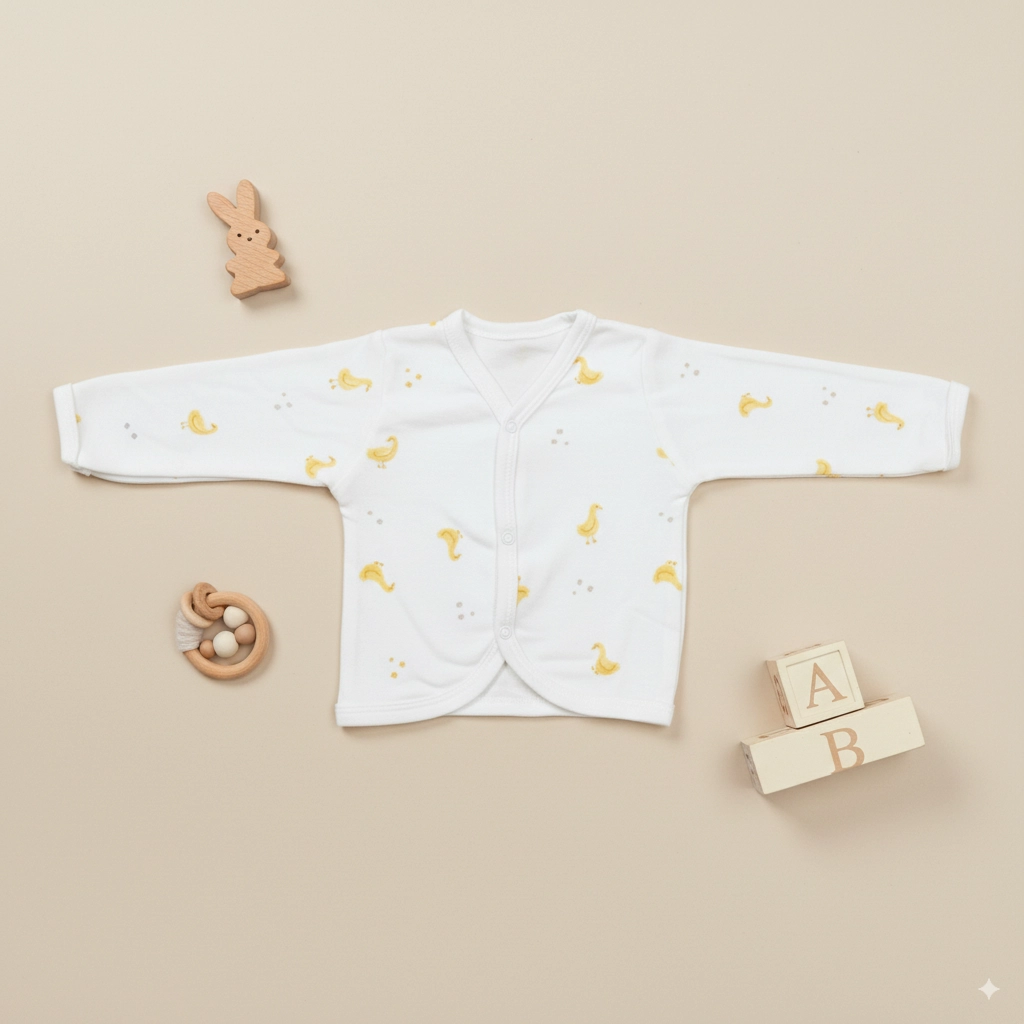 White baby kimono top with yellow duck print, full sleeve, 3-6 months