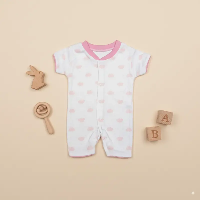 Newborn Half Sleeve Romper, 0-3 Months, White Pink Cloud Print, Cotton