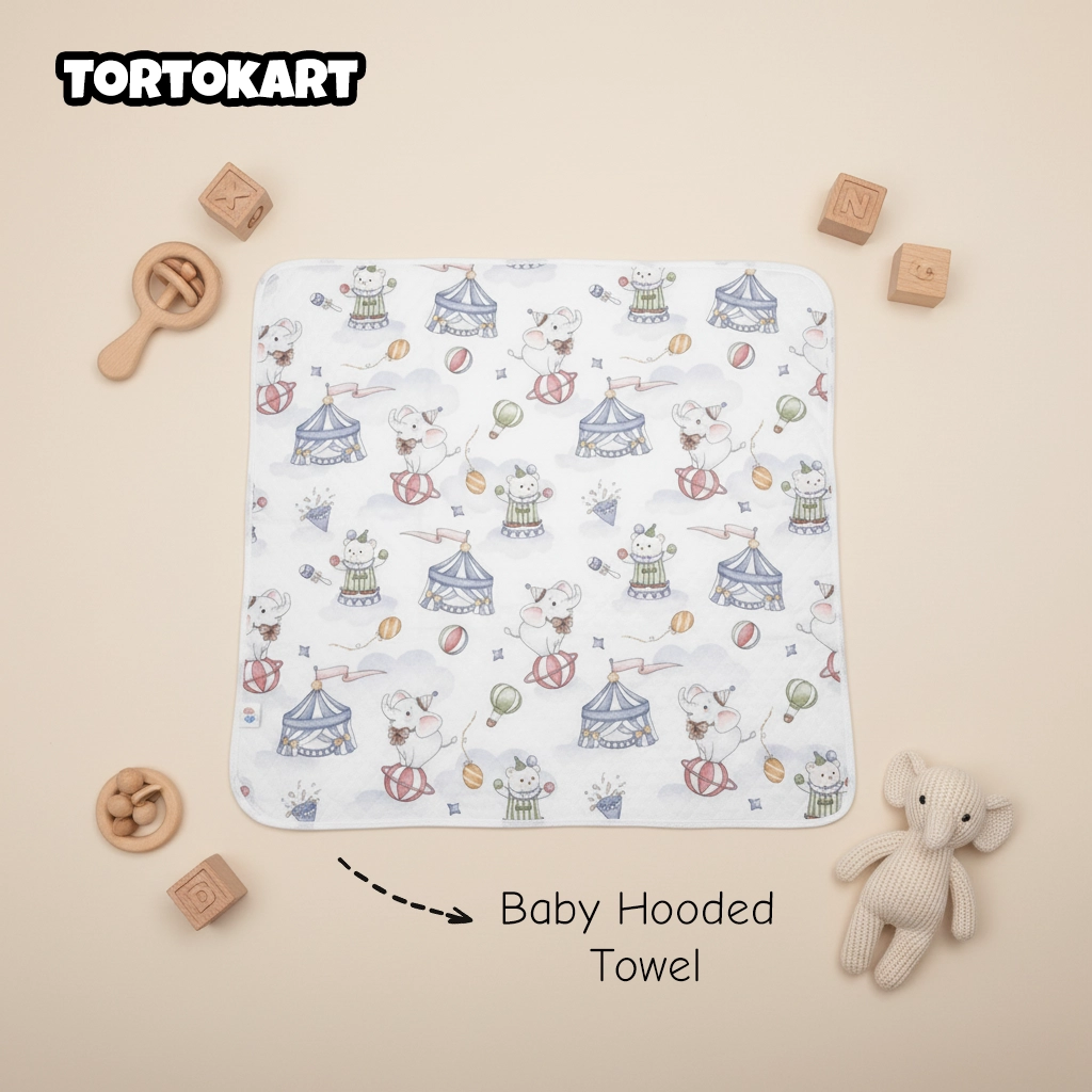 White Baby Hooded Towel by Tortokart with light blue and red circus tent and animal print, ideal for bath time.