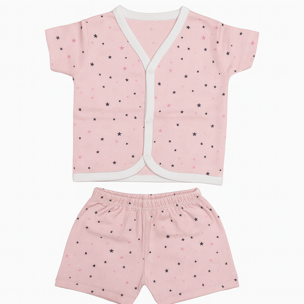 Baby Boys & Girls Cotton Short Sleeve Set – Light Pink with Star Print | Summer Outfit (0–6 Months) - Image 3