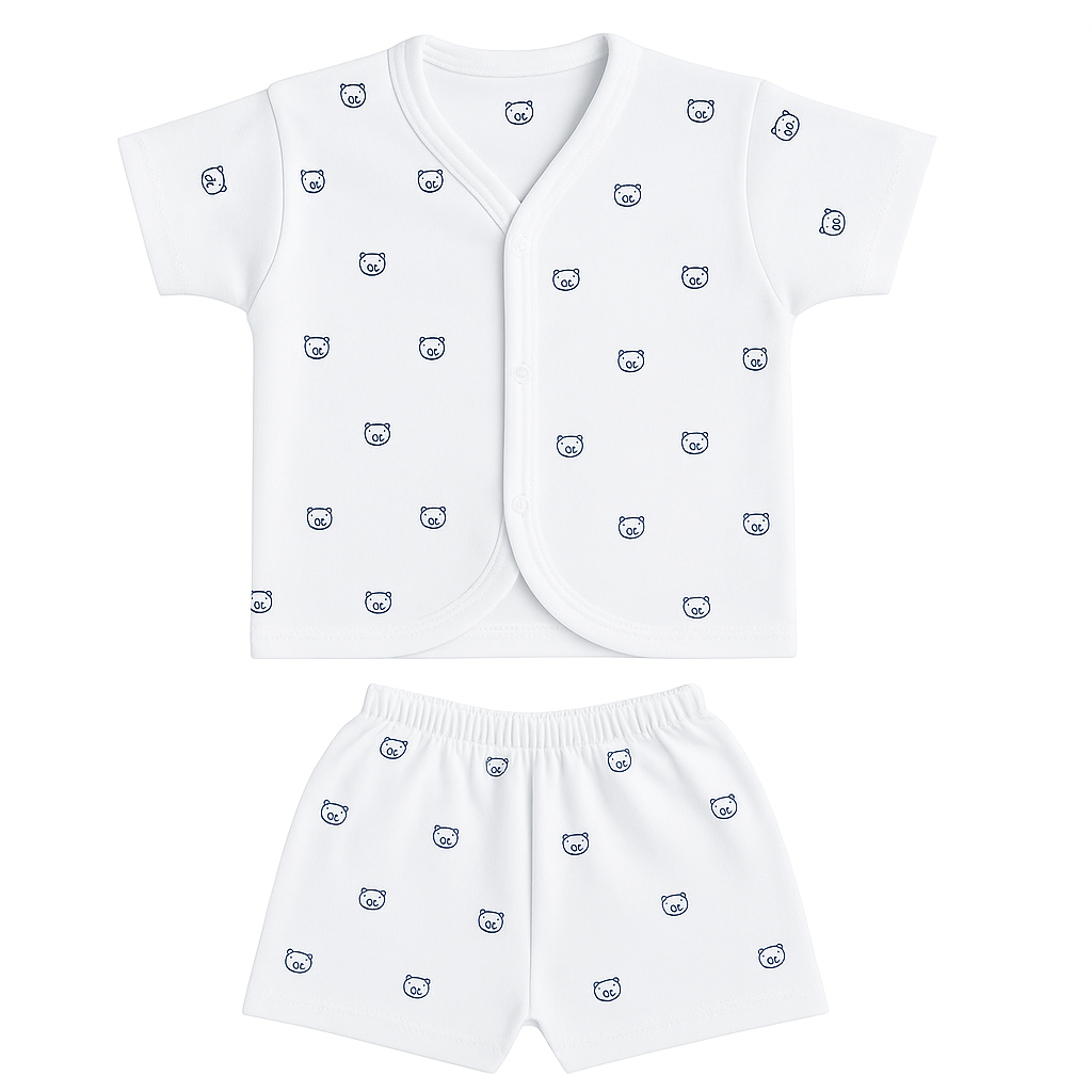 Baby Boys & Girls Cotton Short Sleeve Set – White with Bear Print | Summer Nightwear (0–6 Months) - Image 3