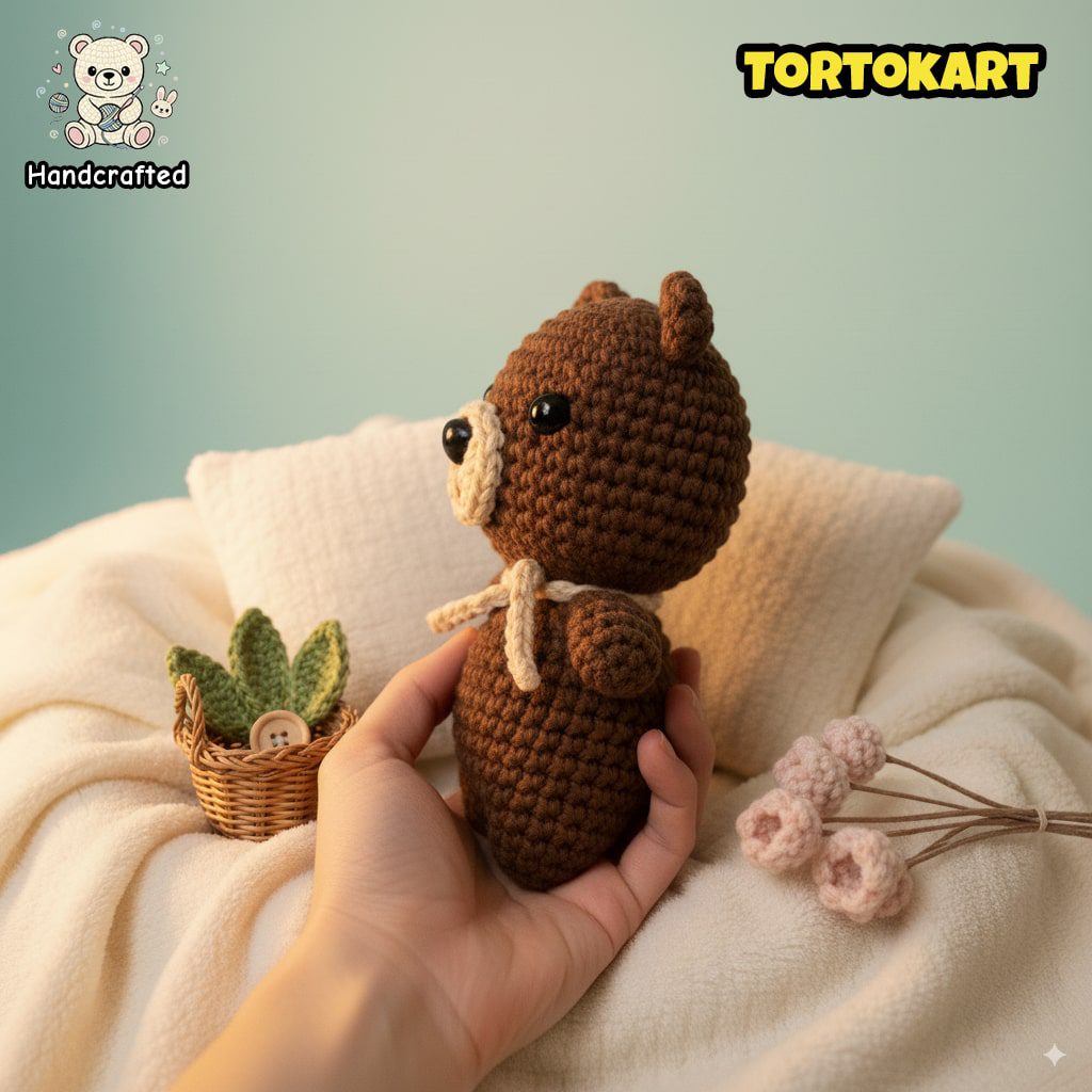 Hand holding a handcrafted crochet teddy bear plush by Tortokart, displayed on a soft blanket with cozy decor