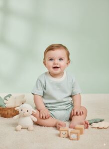 Baby boy cotton outfit set in mint green with tiny sheep cloud prints – short sleeve t-shirt and matching shorts summer wear