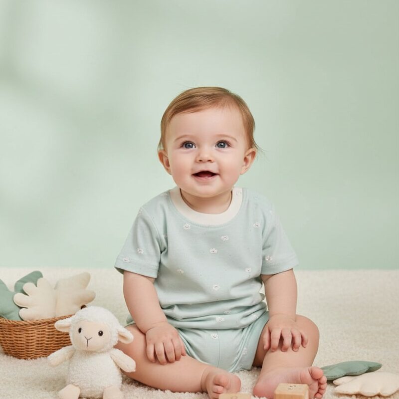 Baby boy cotton outfit set in mint green with tiny sheep cloud prints – short sleeve t-shirt and matching shorts summer wear
