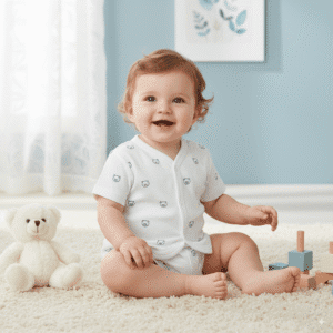 Smiling baby in white cotton bear print bodysuit sitting on carpet with teddy bear and wooden toys
